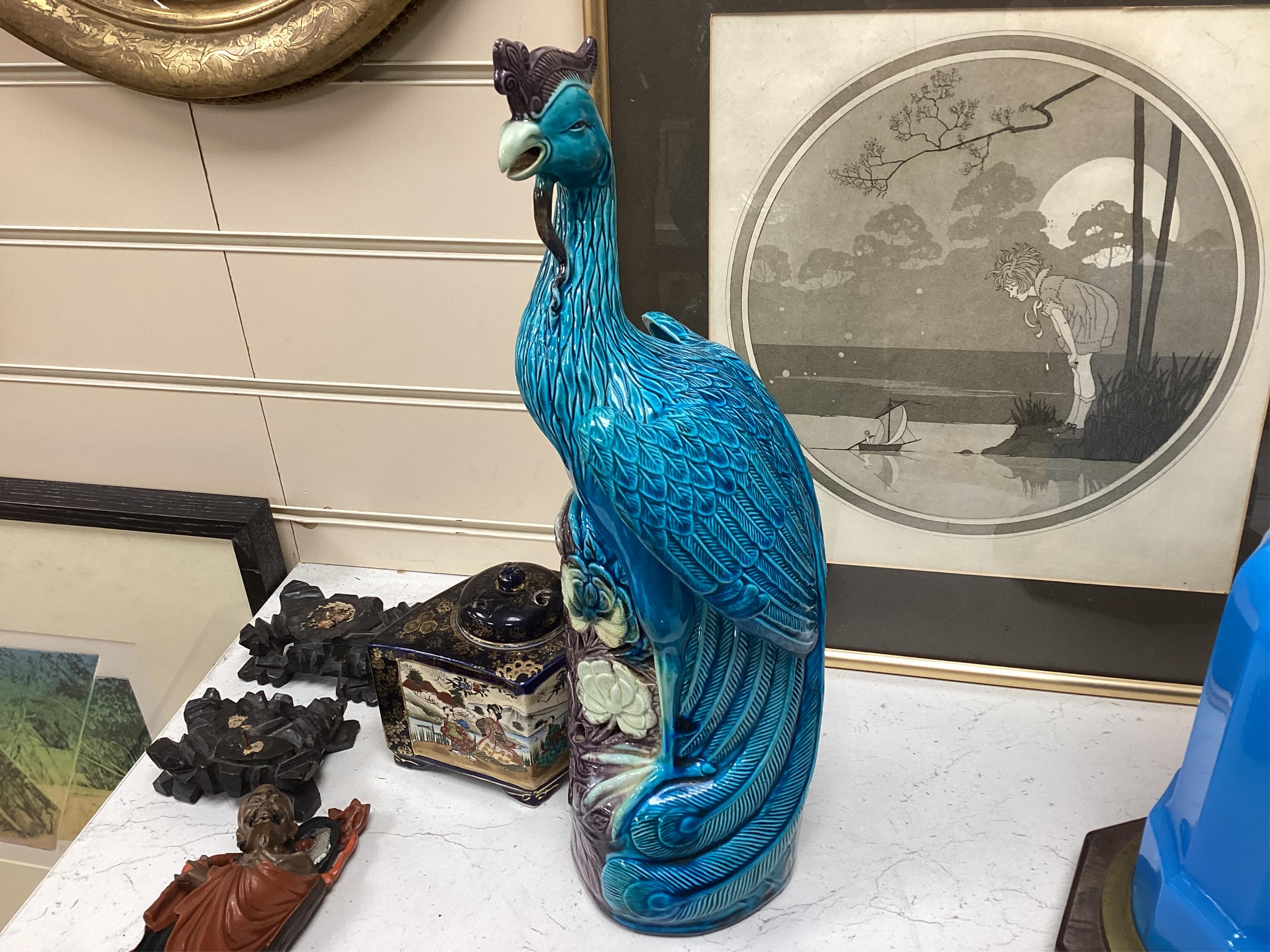 A collection of items comprising a pair of Chinese figures on stands, a turquoise figure of a phoenix, a Japanese Satsuma pot and a Barbola mirror, largest 40cm high. Condition - poor to fair